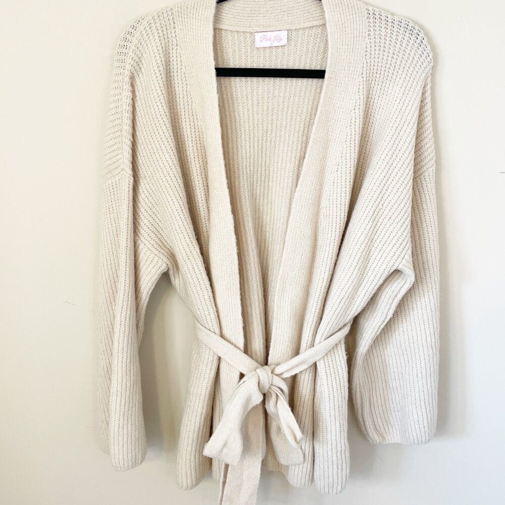 Pink Lily Cream Knit Belted Cardigan Sweater